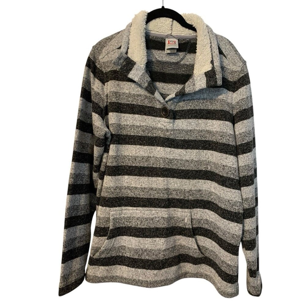 Avalanche Sweater Womens XL  Black Gray Heathered Pullover Sherpa Collar Striped
